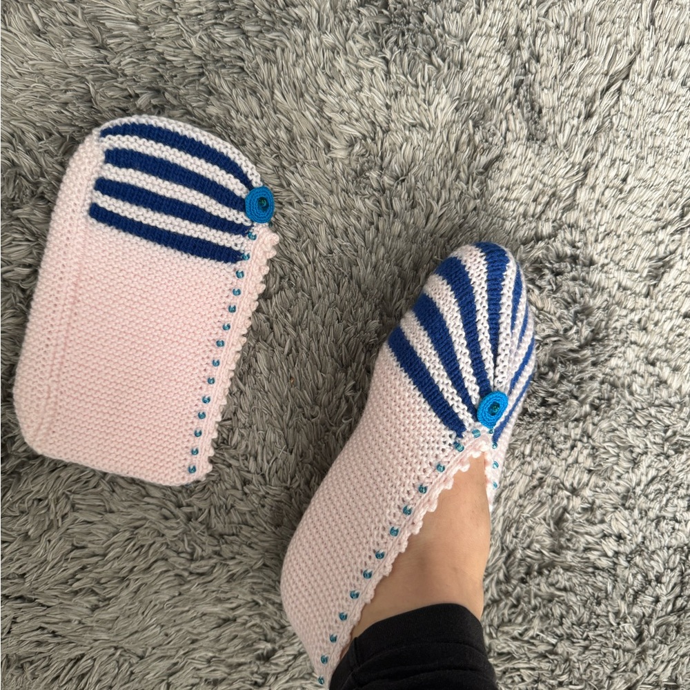 Handmade Knitted Slippers with Blue Stripes